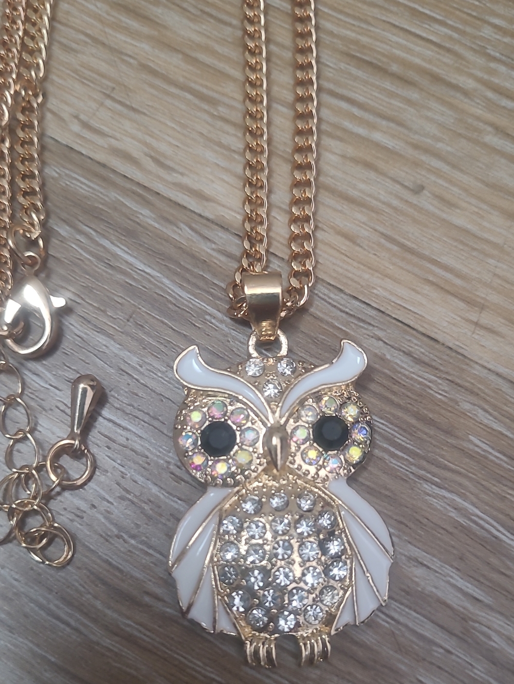 Gold-Tone White & Crystal Owl Pendant Necklace
